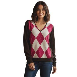J.Crew Argyle Wool/Cashmere V neck Sweater L Brown Pink Casual Preppy